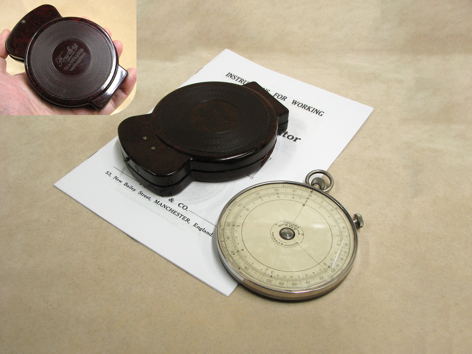 Rare 1920's Fowler's textile calculator with bakelite backplate and outer case